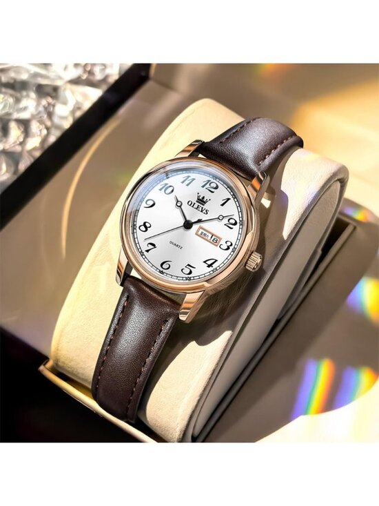 Olevs Womens Rose Gold Brown Vintage Leather Waterproof Reloj Mujer Quartz Watch main image 4